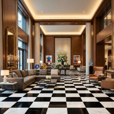 Black, Calacatta Bella Polished Checkerboard Pattern Marble Tiles 18×18 (TL91753) Room Scene Image
