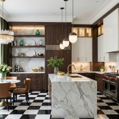 Black, Calacatta Bella Polished Checkerboard Pattern Marble Tiles 18×18 (TL91753) Room Scene Image