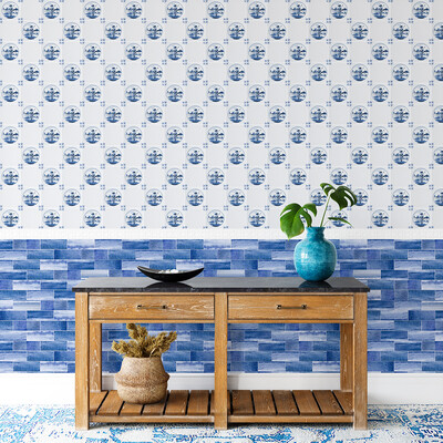 Country Scene In Circle Glazed Ceramic Tile 6×6 (WAM90004) Royal White Glossy Zaragosa Ceramic Wall Decos 3×6 (DC00222)