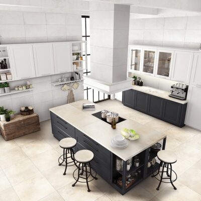 White honed marble-look porcelain tile for restaurant kitchen