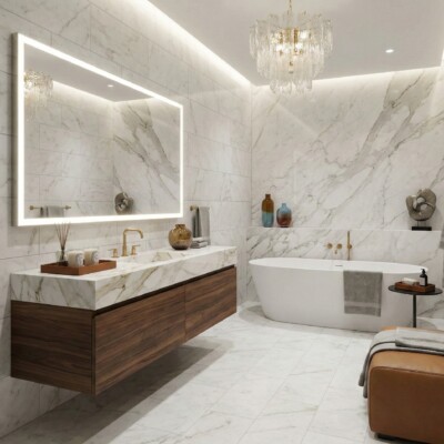 Crystal White Polished Marble Look Porcelain Tiles 12×24 (WLE00017) Room Scene Image