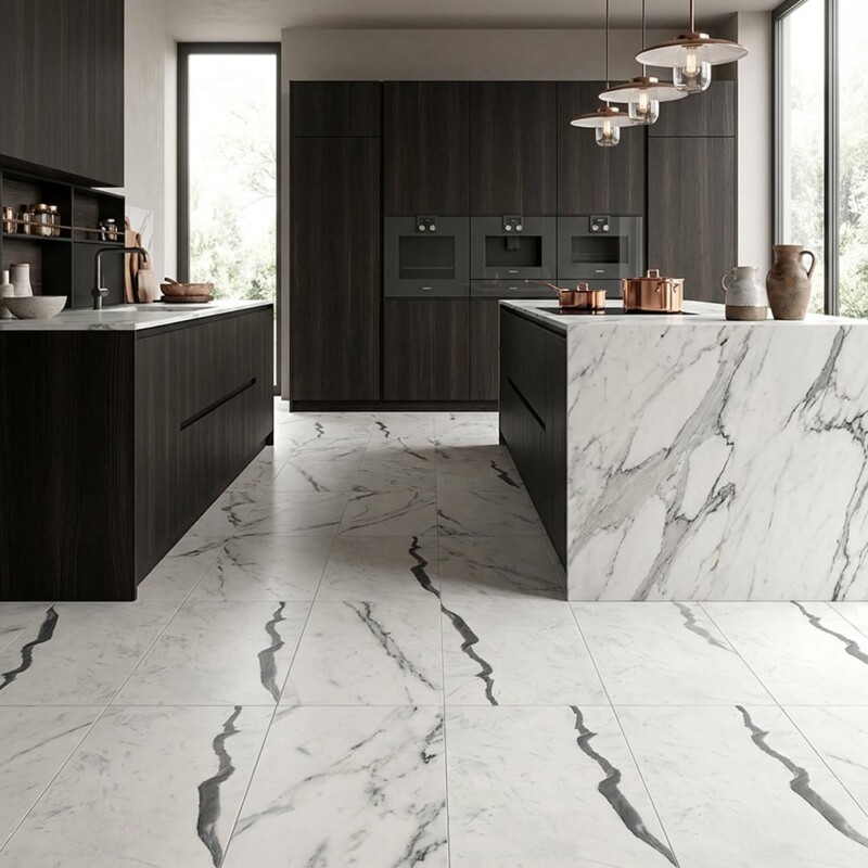 Azulejos de porcelana con apariencia de mármol mate Bianco Statuario 12 × 24