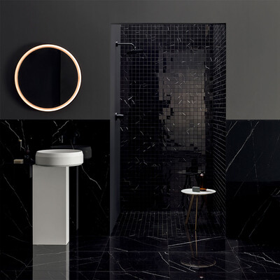 Marquina Nero Polished Porcelain Tile 12×24 (WLE00952) Marquina Nero Polished 2×2 Porcelain Mosaic 12×12 (WLE00956)