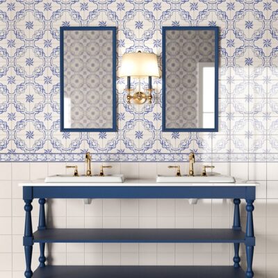 Casal Blue Glazed Ceramic Tile 6×6 (WLV20502) Blanc Glazed Ceramic Tile 5 7/8×5 7/8 (WLV20001) 412 Glazed Ceramic Borders 3×6 (WLV20359)
