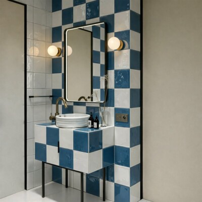 Blue Glossy Zellige Tiles 4×4 (WMZ90020) Blanc Niege Glossy Zellige Tiles 4×4 (WMZ90001) Room Scene Image