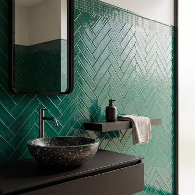 Roca Flow Living Green Polished Ceramic Tiles 3×12 (WRT12614) Room Scene Image