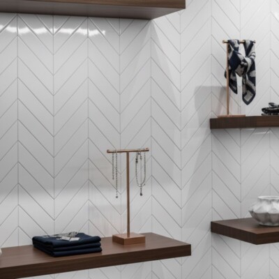 Tulum White Glossy Chevron Ceramic Tiles 2×6 (WST36164) Room Scene Image