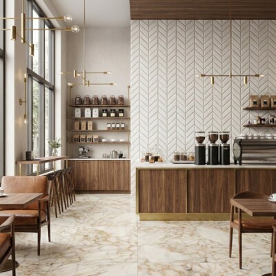 Tulum White Glossy Chevron Ceramic Tiles 2×6 (WST36164) Room Scene Image