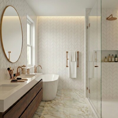 Tulum White Glossy Chevron Ceramic Tiles 2×6 (WST36164) Room Scene Image