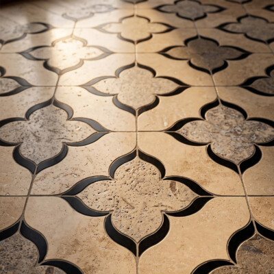 Black Matte, Ivory, Silverado Honed Azalea Waterjet Travertine Mosaics 13 3/16×13 3/16 (WUM01004) Room Scene Image