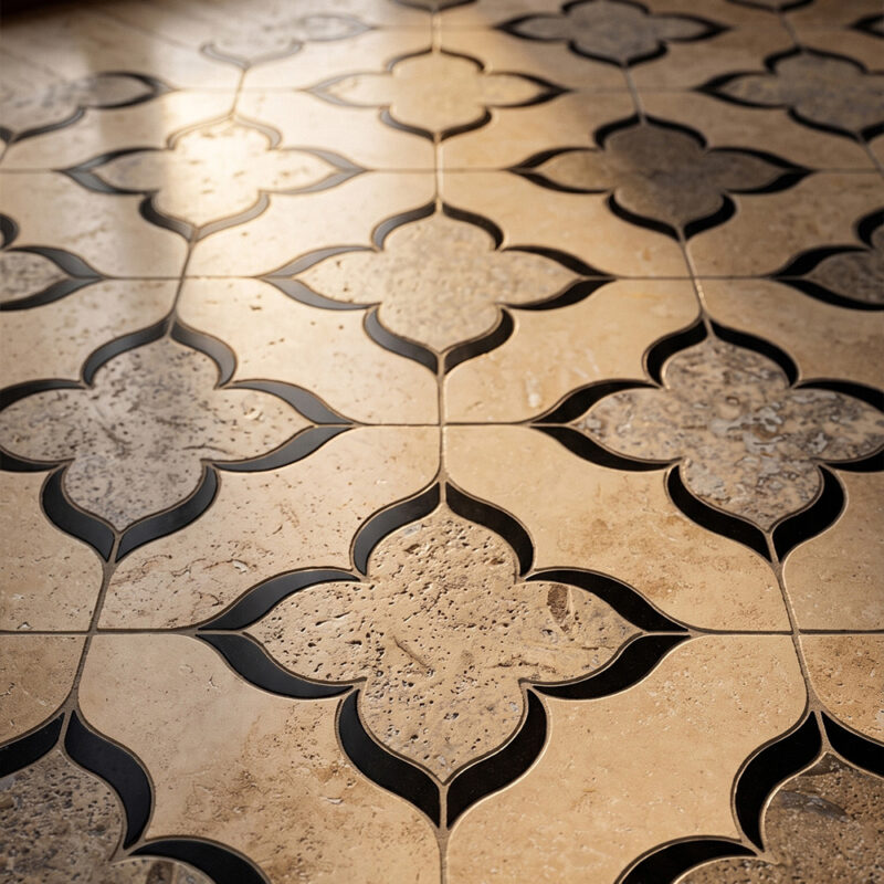 Black Matte, Ivory, Silverado Honed Azalea Waterjet Travertine Mosaics 13 3/16×13 3/16 (WUM01004)