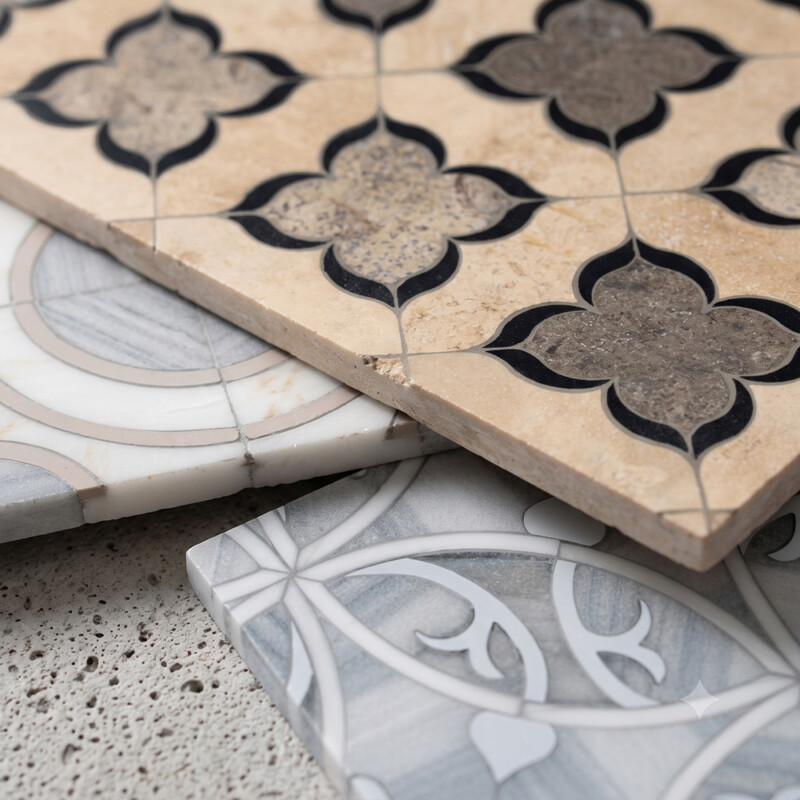 Black Matte, Ivory, Silverado Honed Azalea Waterjet Travertine Mosaics 13 3/16×13 3/16 (WUM01004) Sailboat White, Skyline, Snow White Multi Finish Elain Waterjet Marble Mosaics 17 9/16×17 9/16 (WUM05004)