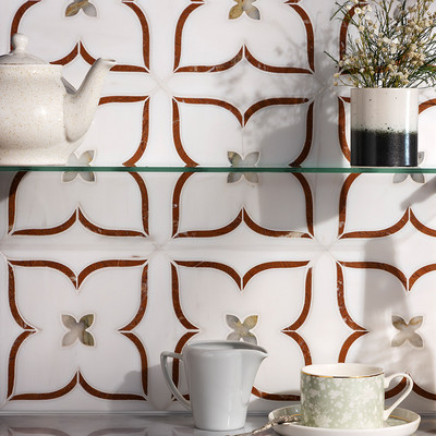 Celine Snow White, Calacatta Green, Red Laguna Multi Finish Marble Waterjet Decos 13 3/16×13 3/16 (WUM02004)