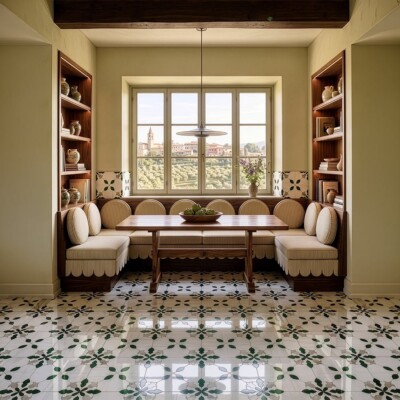 Calacatta Green, Snow White, Gunmetal Polished Esme Waterjet Marble Mosaics 13 3/4×13 3/4 (WUM06004) Room Scene Image