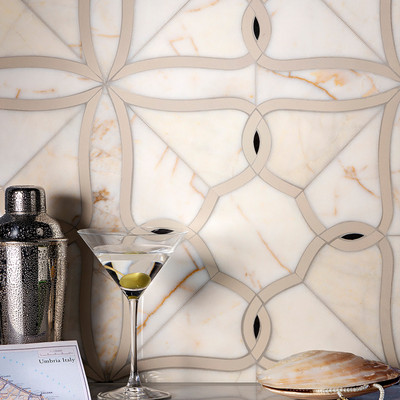 Valentin Calacatta Amber, Black, J13 Polished Marble Waterjet Decos 14 5/16×14 5/16 (WUM09004)