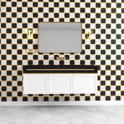 Mármol Emerson Negro, Glaciar, Latón Pulido, Decoración Waterjet, 13 23/32×13 23/32 (XMG04001)