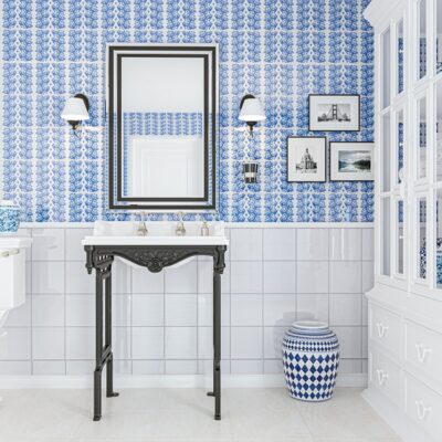 Snow White, Blue Glossy Cecil Stripe Ceramic Tile 6×6 (XSP90006)