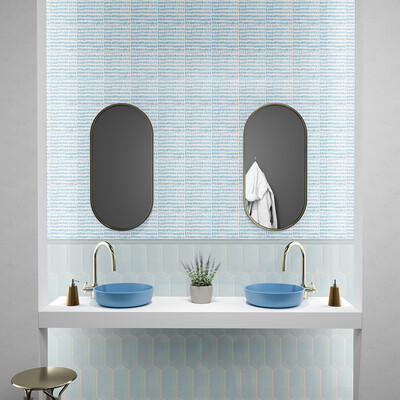 Snow White, Ocean Glossy Albert Ceramic Tile 6×6 (XSP90026) Jules Glossy Picket Ceramic Tile 3×6 (DC00266) Jules Glossy Finish Trim Ceramic Moldings 1×6 (ML80036)