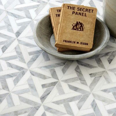 Marmara Avenza Light, Dolomite Multi Finish Marble Waterjet Decos 9 11/16×9 11/16 (YNR10031) Avenza Honed Marble Tile 2 3/4×5 1/2 (TL12792)