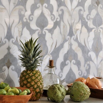 Rumi Afyon Grey, Afyon White, Palisandra Multi Finish Marble Waterjet Decos 13 9/16×18 (YNR10037)