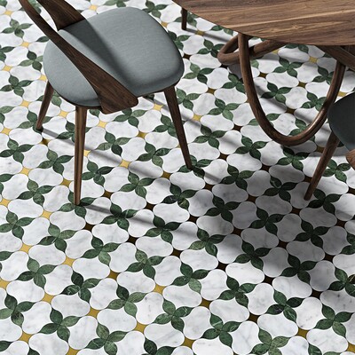 Brass, Verde Tia, White Carrara Honed Lily Marble Mosaic 9 7/16×9 7/16 (YNR10179)