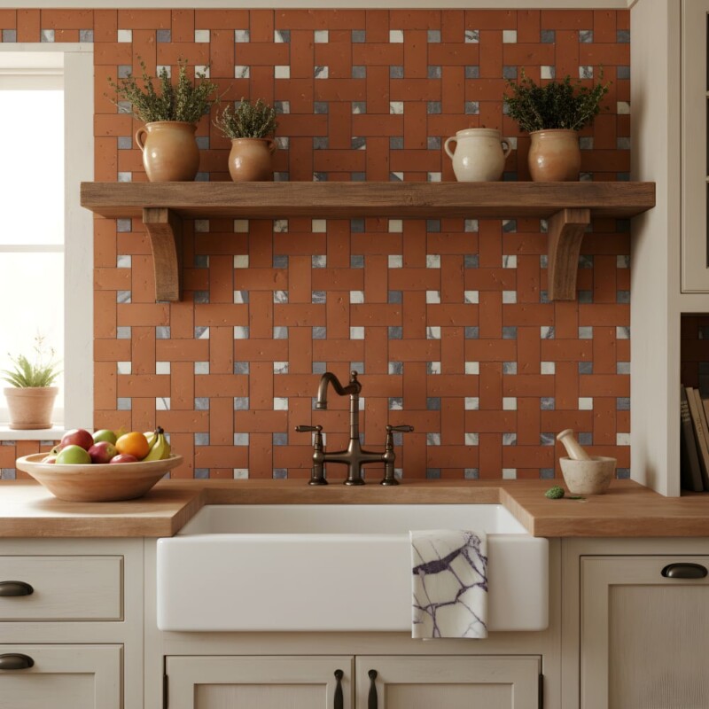 Calacatta Viola, Rustic Terracotta Honed Big Basket Weave Marble Mosaics 11 7/8×11 7/8