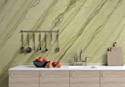 Polished green marble slab for kitchen backsplash and countertop