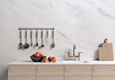 Polished white bianco marble slab kitchen backsplash and countertop