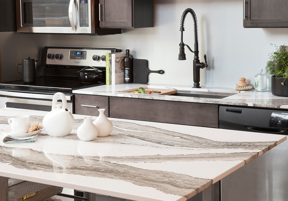white and brown quartz large countertop