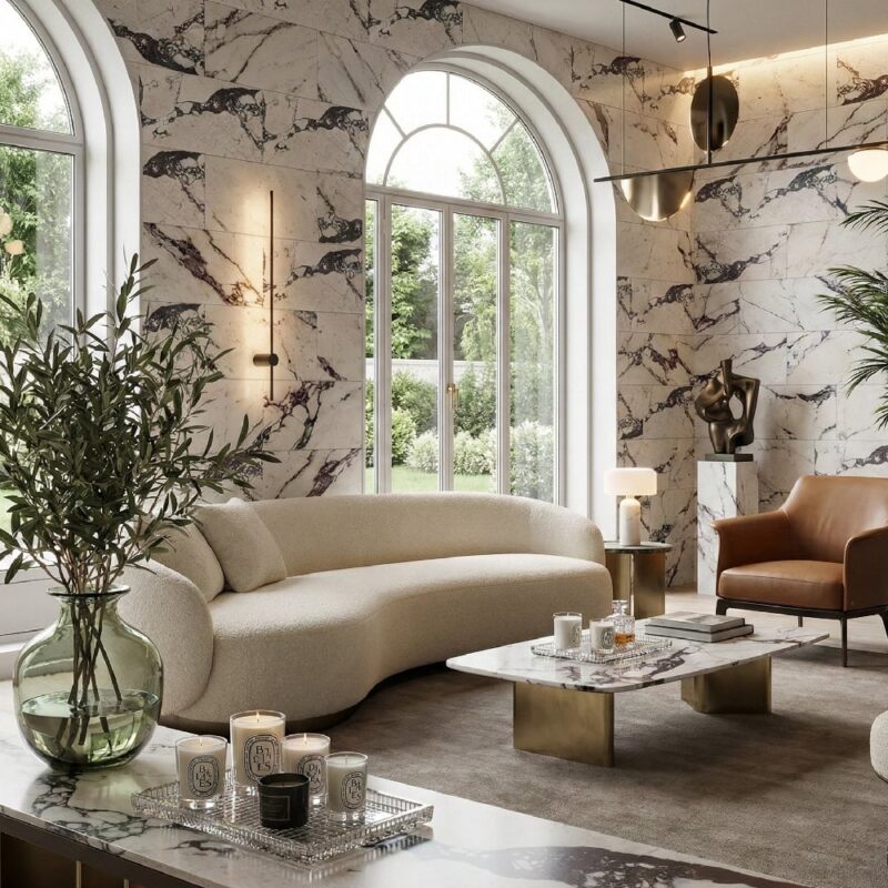 new york calacatta marble tile design on modern living room