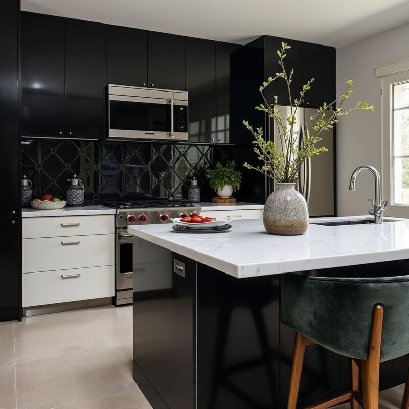 white countertops with black cabinets