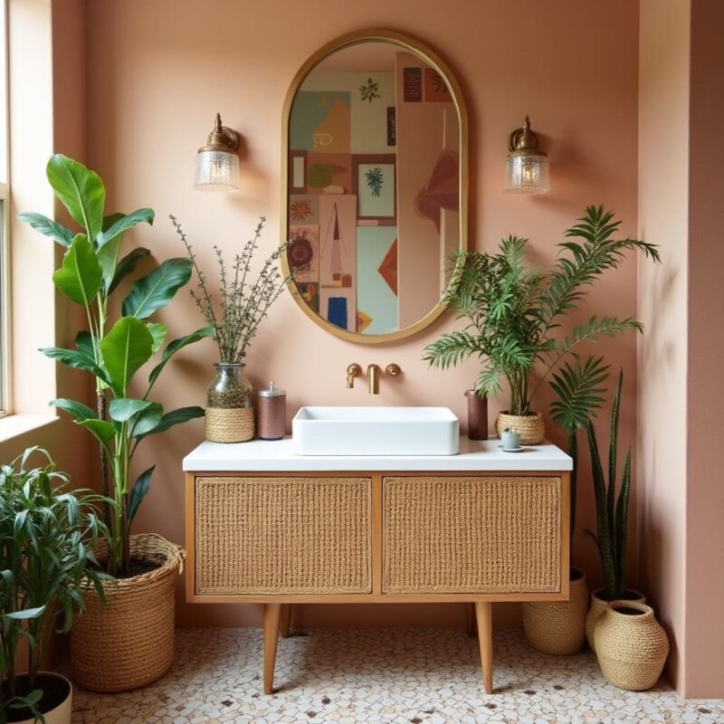 bohemian bathroom with white countertops