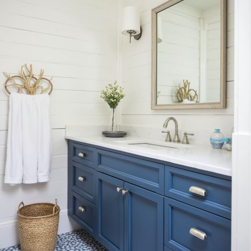 coastal bathroom design with white countertops