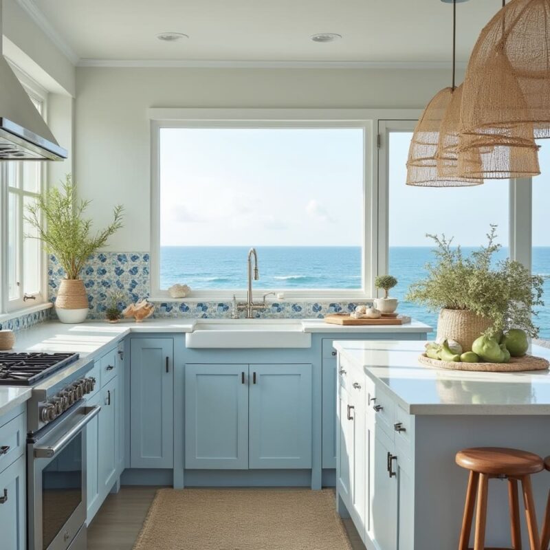 white countertop with blue cabinet