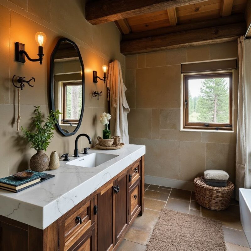 rustic bathroom with white countertop