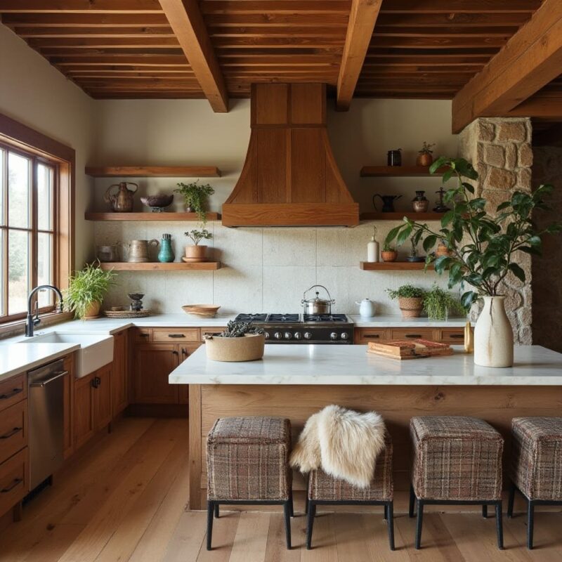 rustic kitchen with white concrete countertops