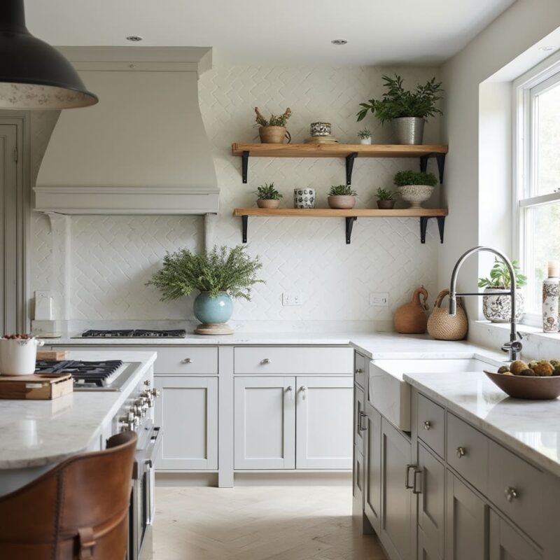 transitional kitchen design with white countertops