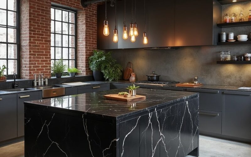 black marble countertops with marble kitchen island