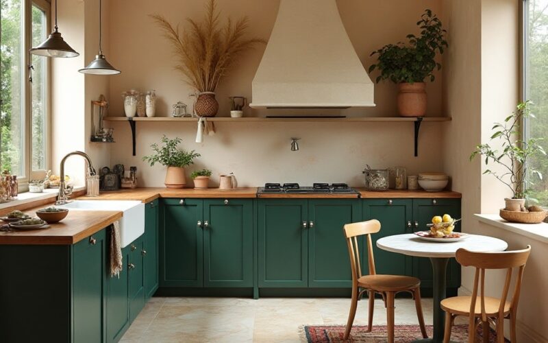 boho kitchen design with marble kitchen floors
