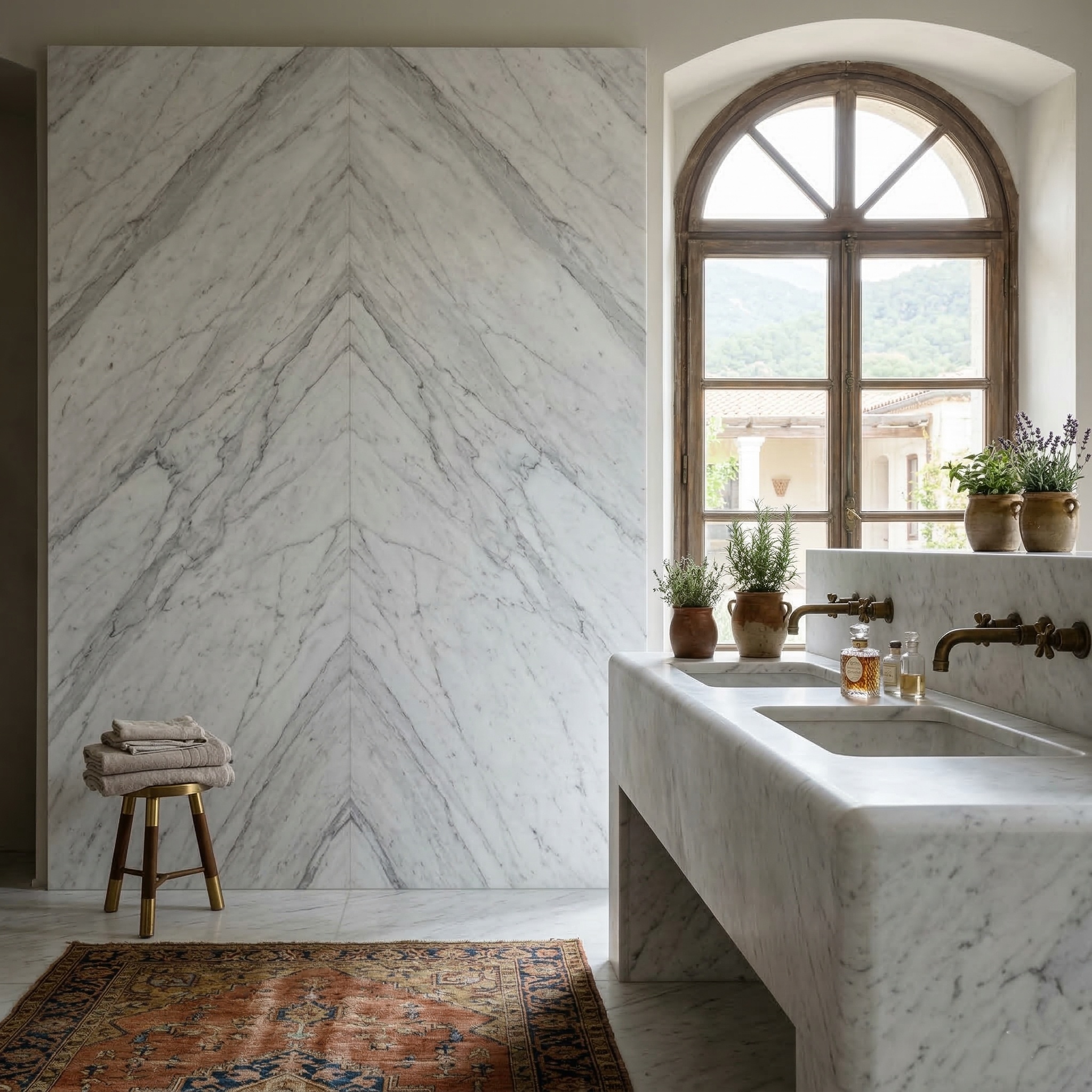 bookmatched white carrara marble slab on bathroom wall