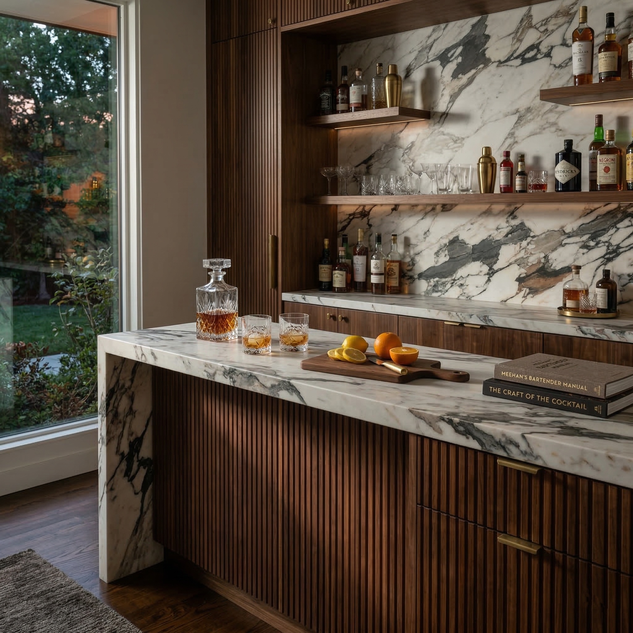 calacatta picasso marble slab used as home bar wall design