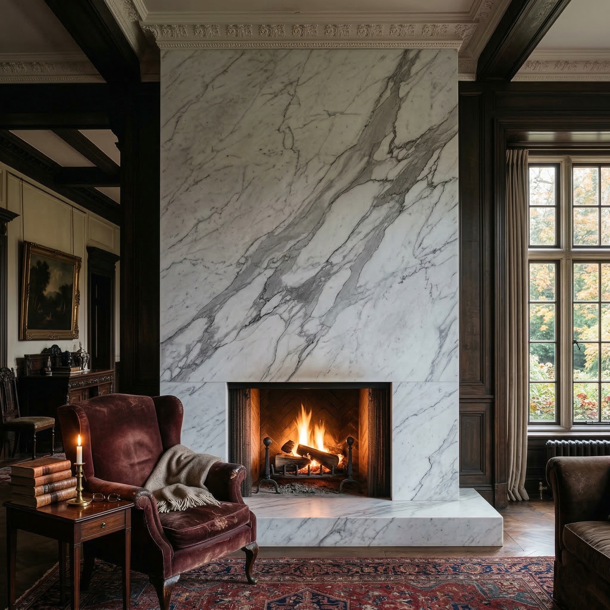 white carrara marble slab on a fireplace