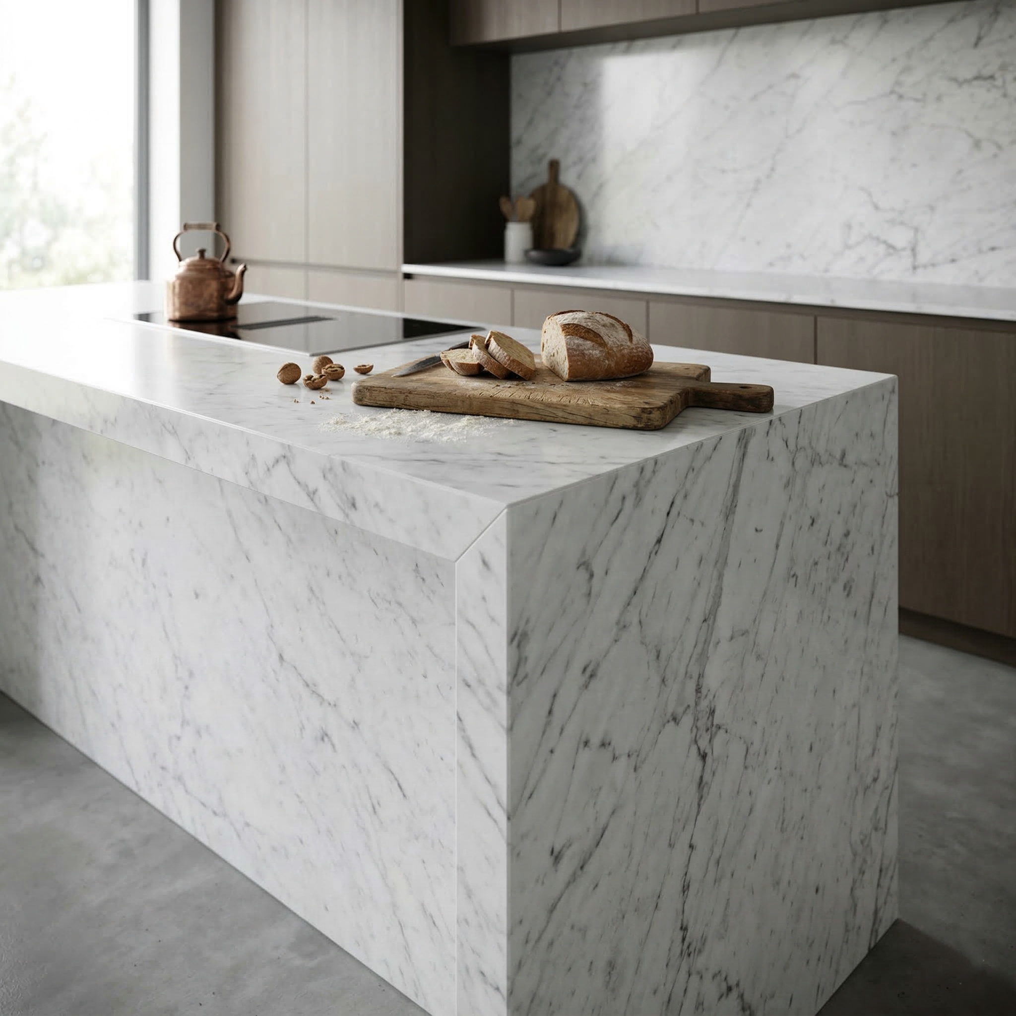 carrara marble kitchen island with a freshly baked goods on it