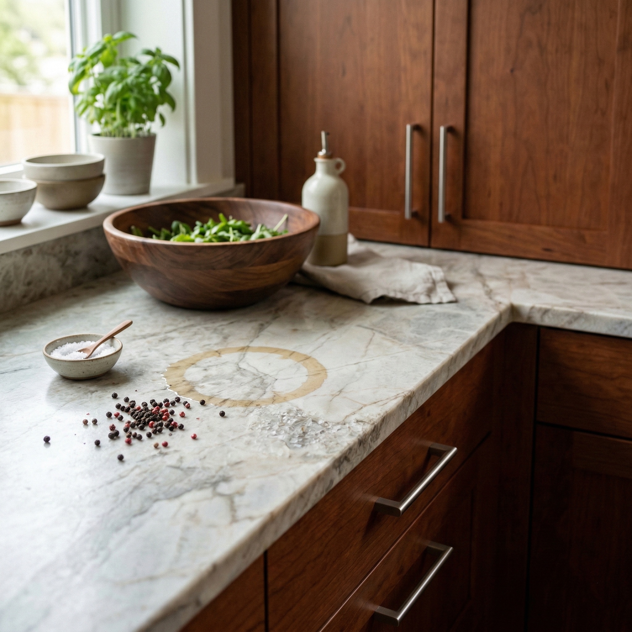 taj mahal quartzite cherry cabinets