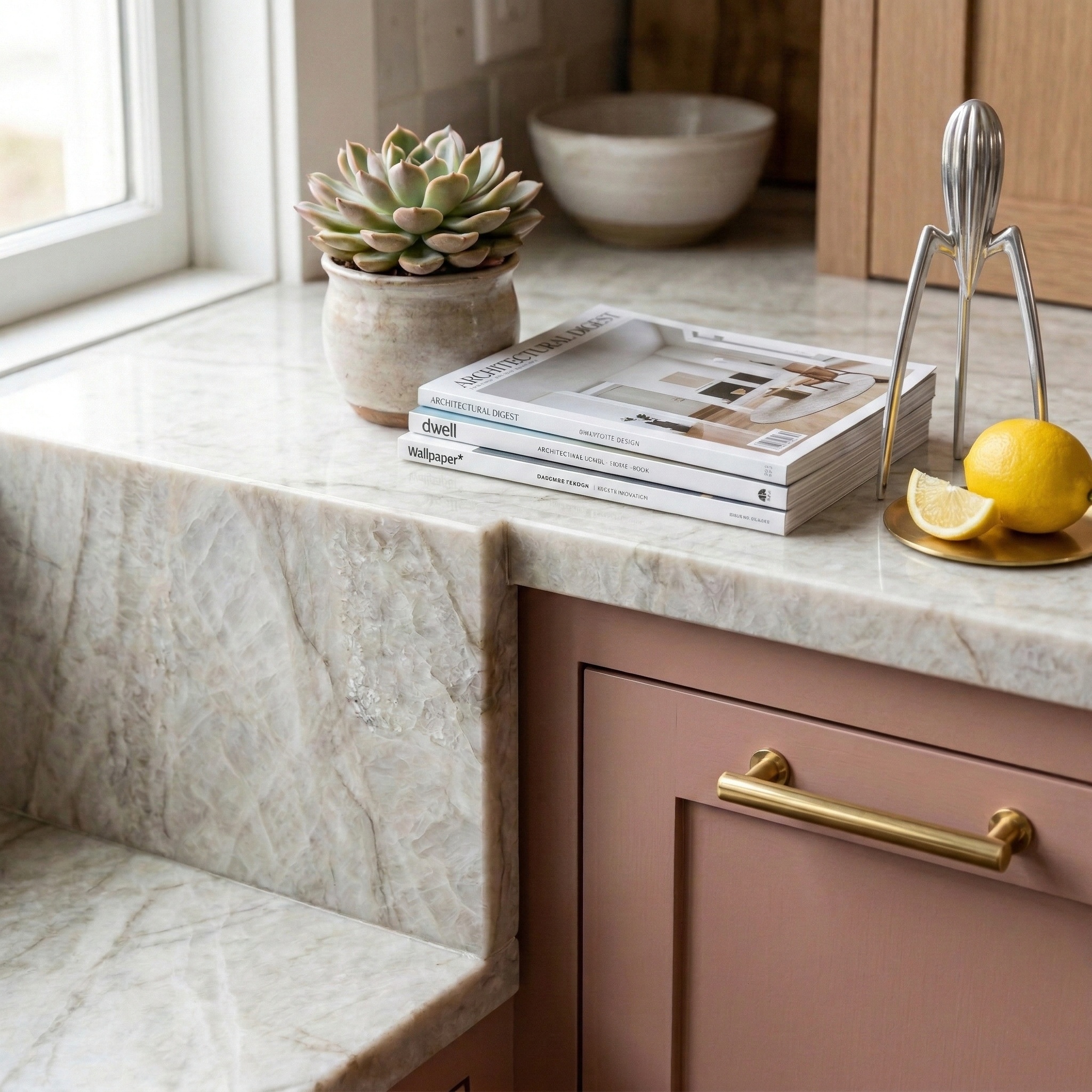 taj mahal quartzite pink cabinets