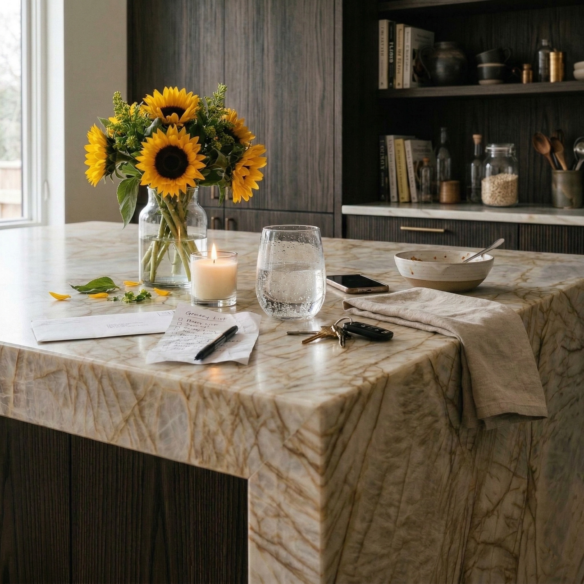 taj mahal quartzite wood cabinets
