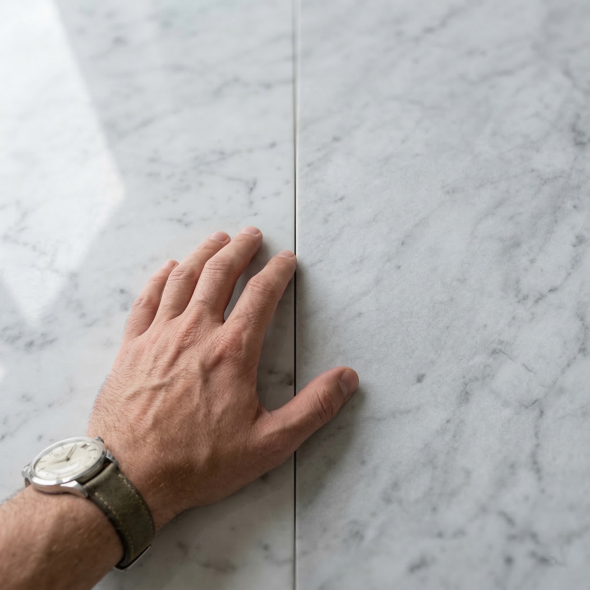 a man put his hand on a white carrara marble slab