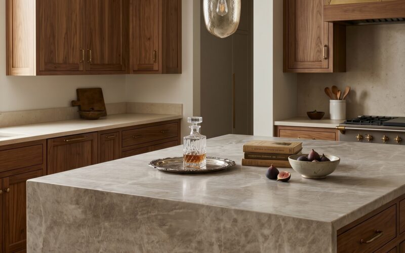 beige quartzite accent countertops