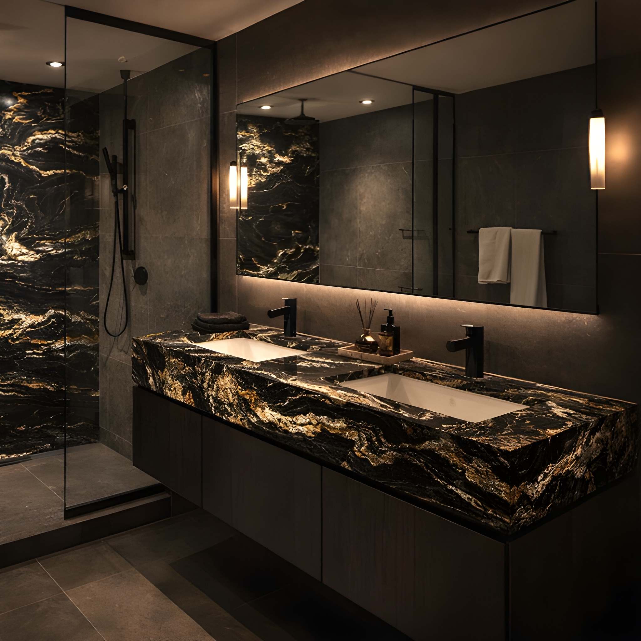 black quartzite bathroom countertops