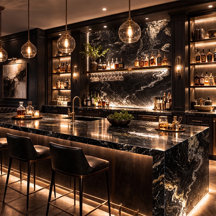 black granite slab backsplash with black countertops